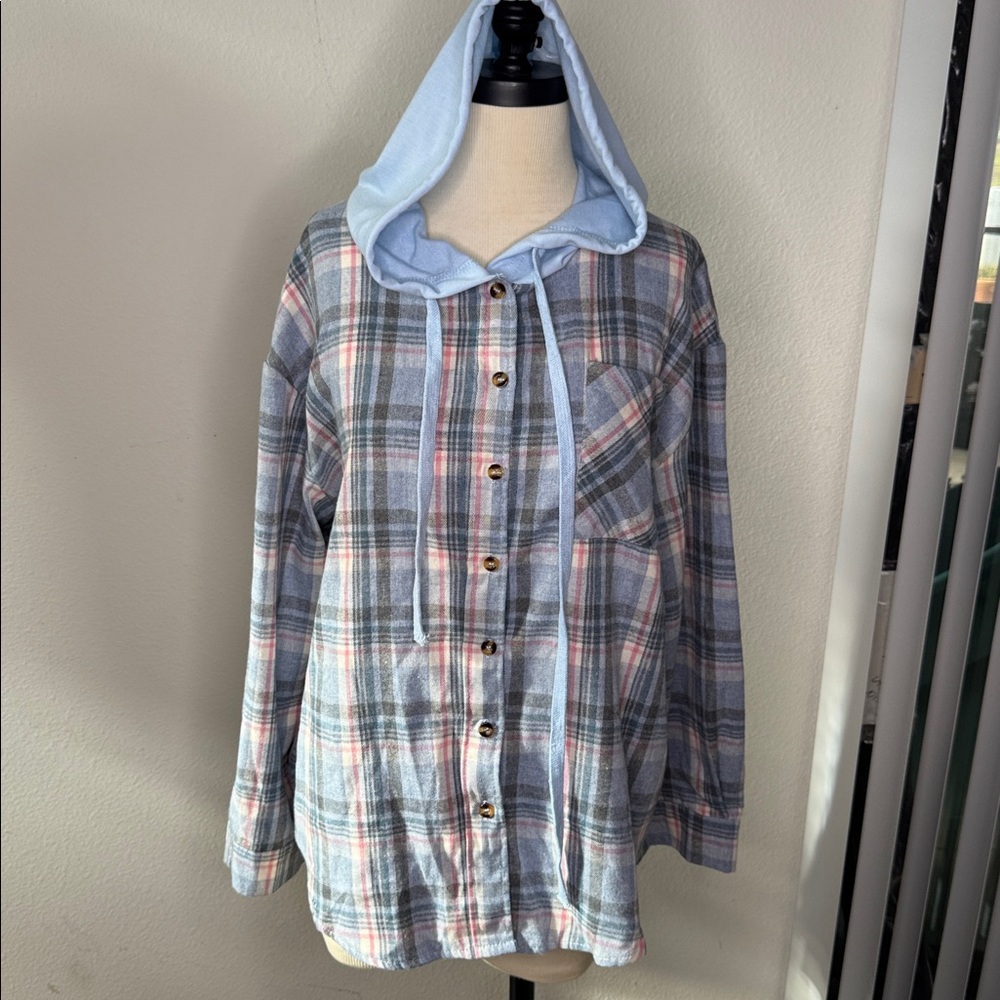 Floral Blooming shirt button down with hood plaid pattern blue & pink large NWT